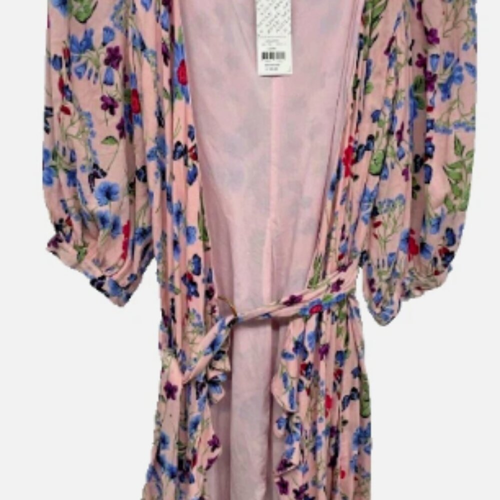 AZULU Pink Rose FLORAL 3/4 Sleeve Ruffle Belted Boho Mini Dress Sz 2 MSRP $390